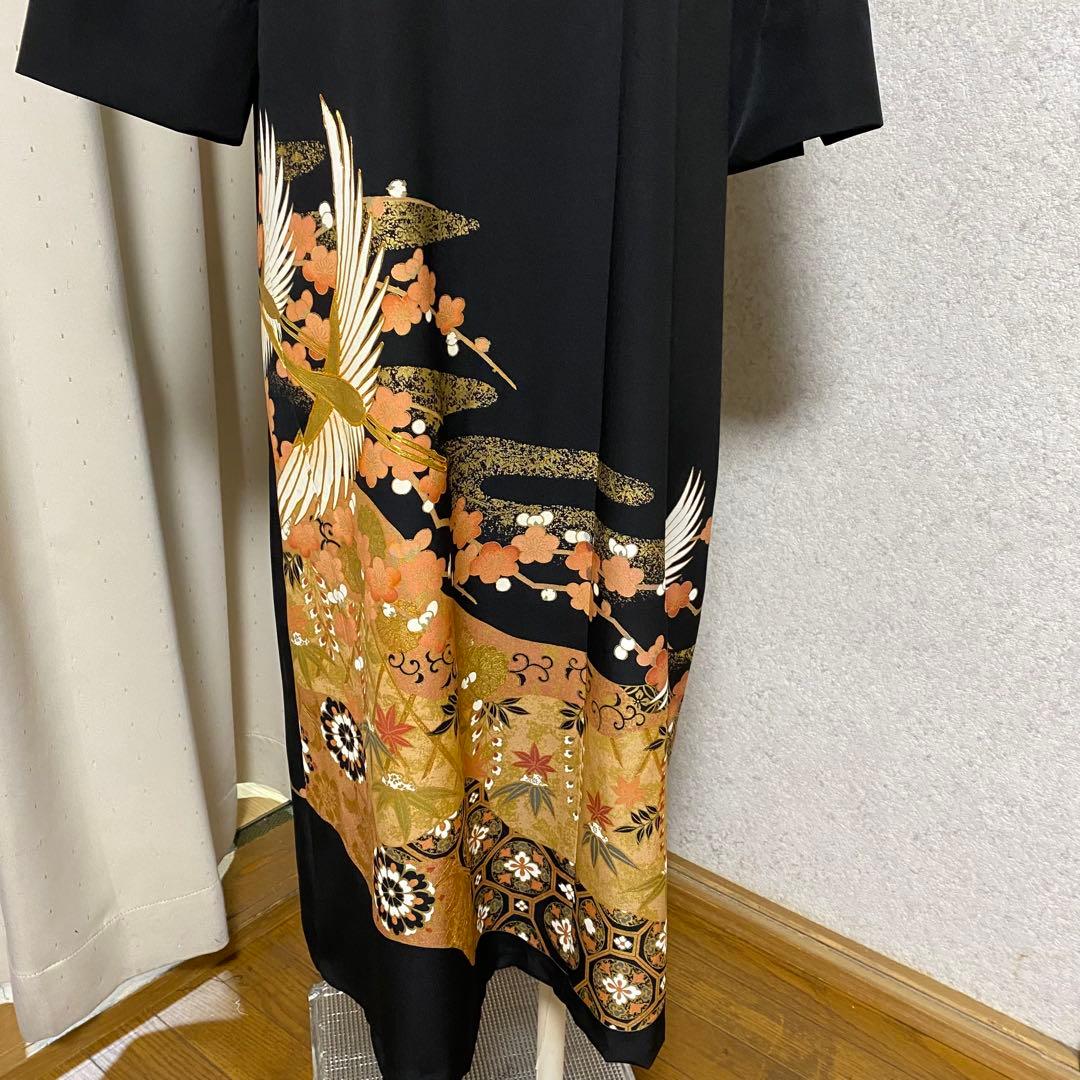 《LL 120cm》黒留袖リメイク ヨーク切り替え 七分袖 シンプルワンピース