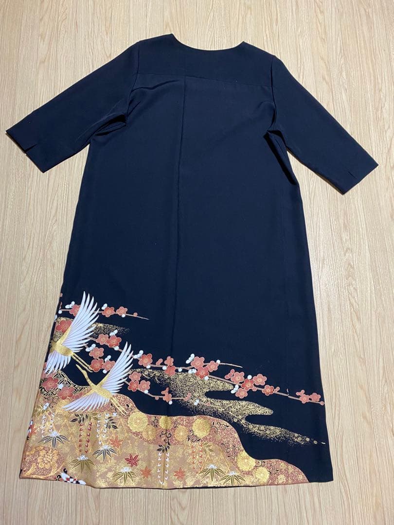 《LL 120cm》黒留袖リメイク ヨーク切り替え 七分袖 シンプルワンピース