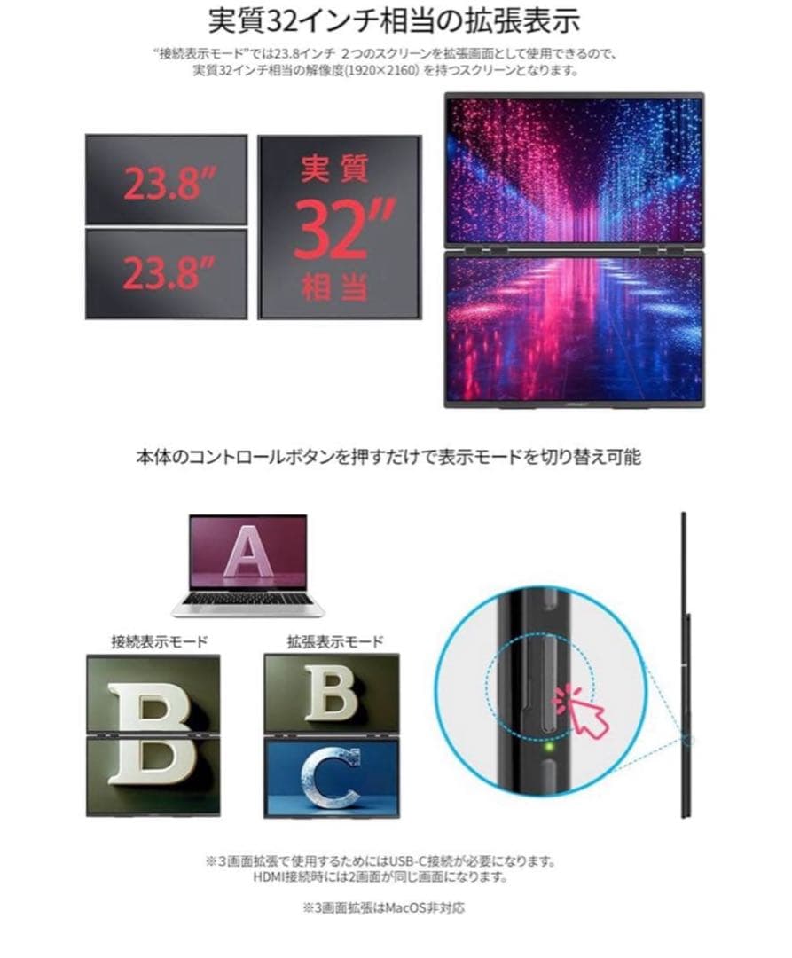 JAPANNEXT 23.8インチ IPSパネルx2搭載 フルHD