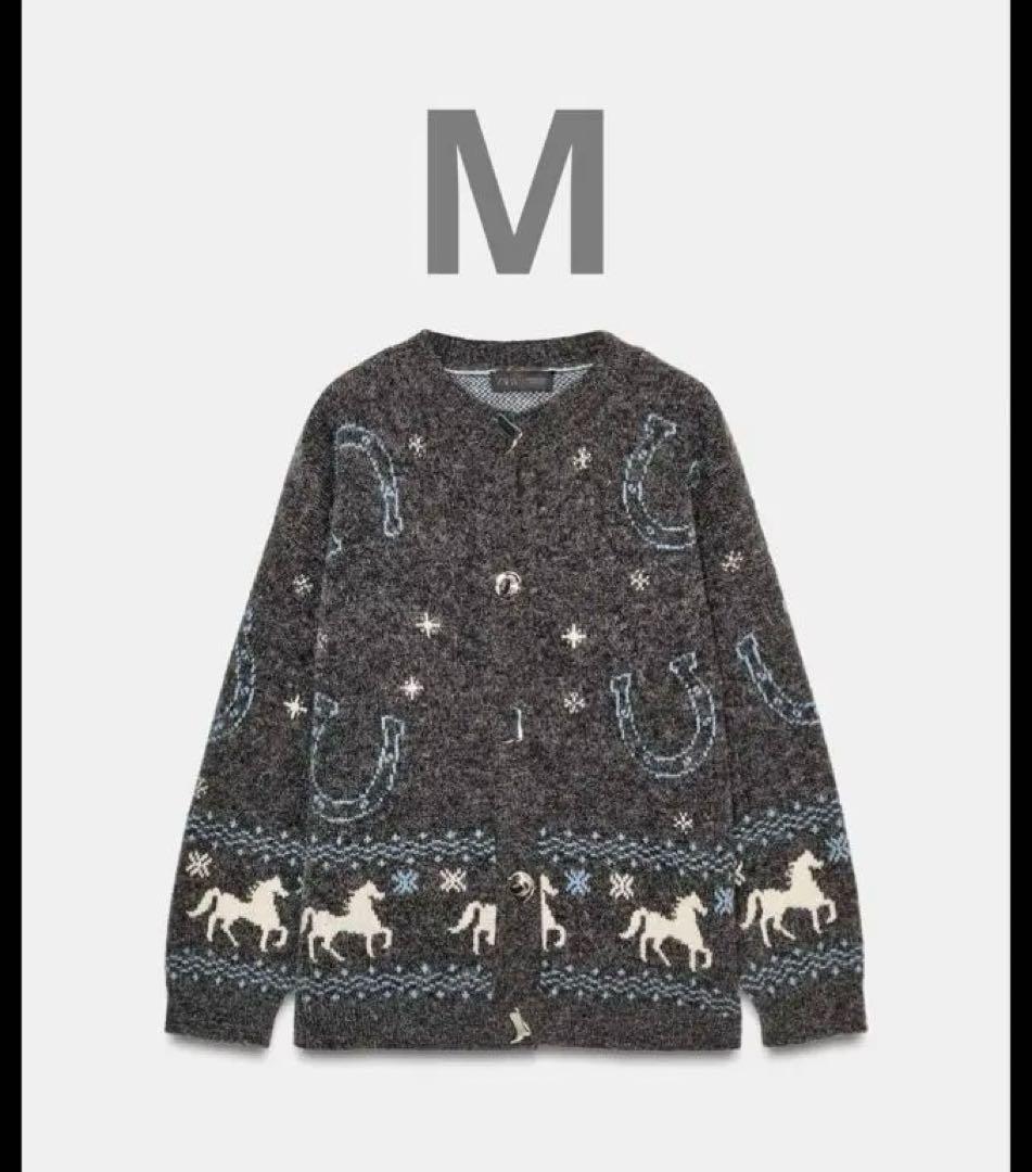 ZARA ジャカードニットボタンカーディガン M