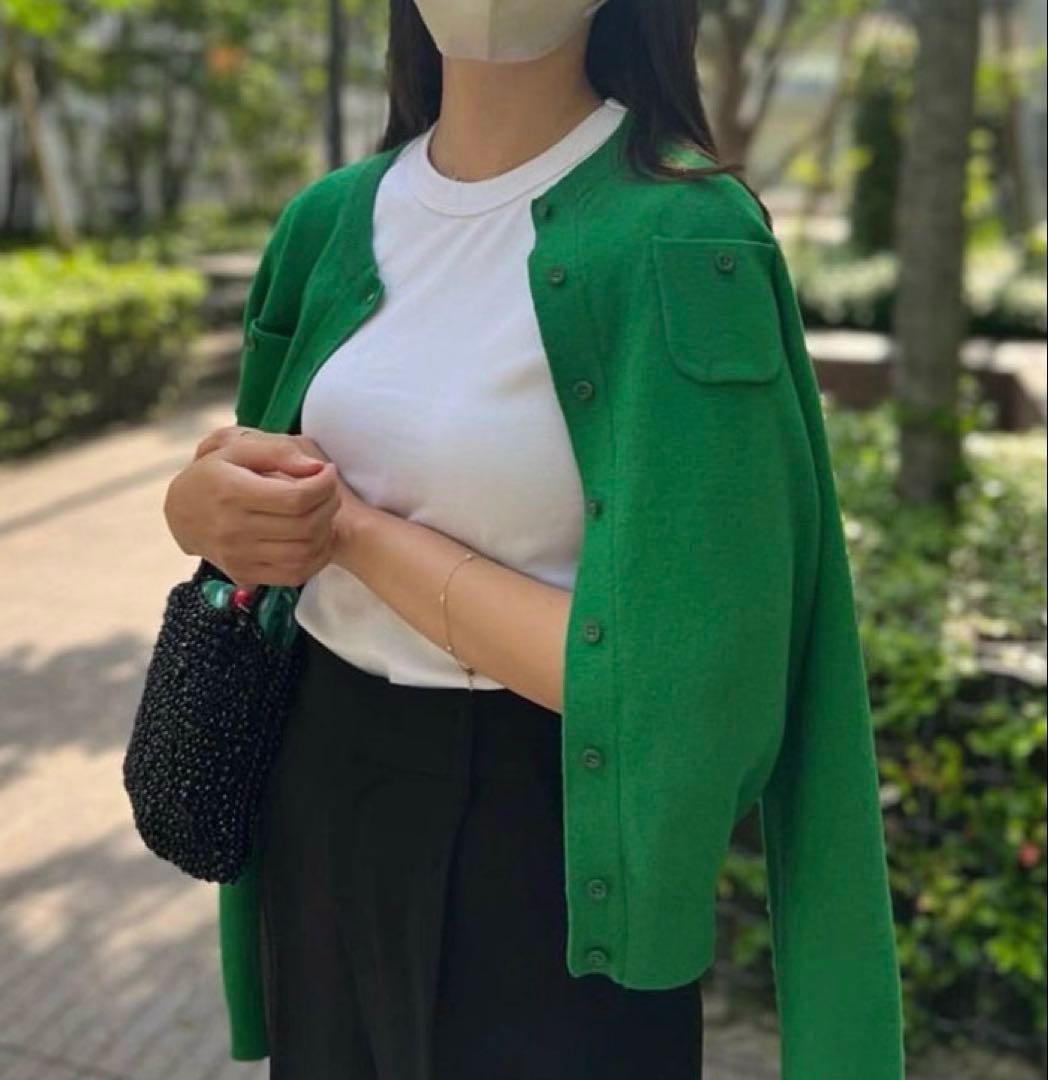 CABaN コットンカシミヤ クルーネックカーディガンＳ(9号)グリーン