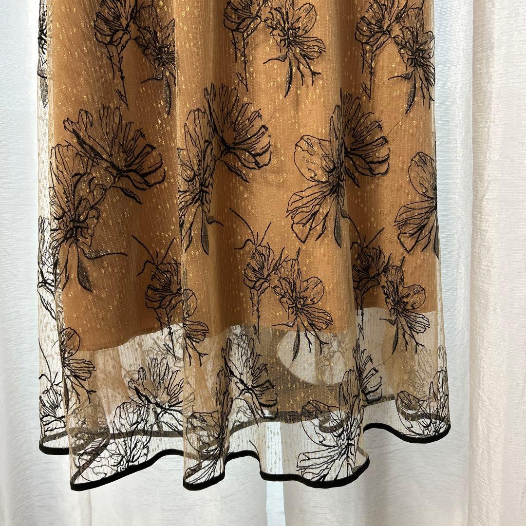 Leja配色パイピングプチハイネック花柄刺繍ラメレースロング丈ドレスワンピース