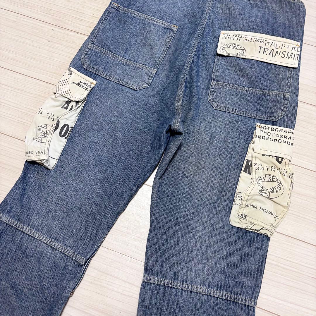 専用■AVIREX■オーバーオール ダブルニー デニム ヒッコリー ステンシル