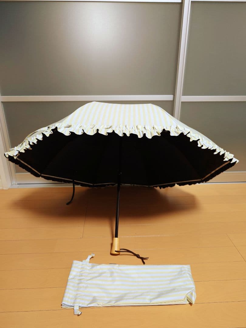 ストライプフリル日傘 収納ケース付き　イエロー