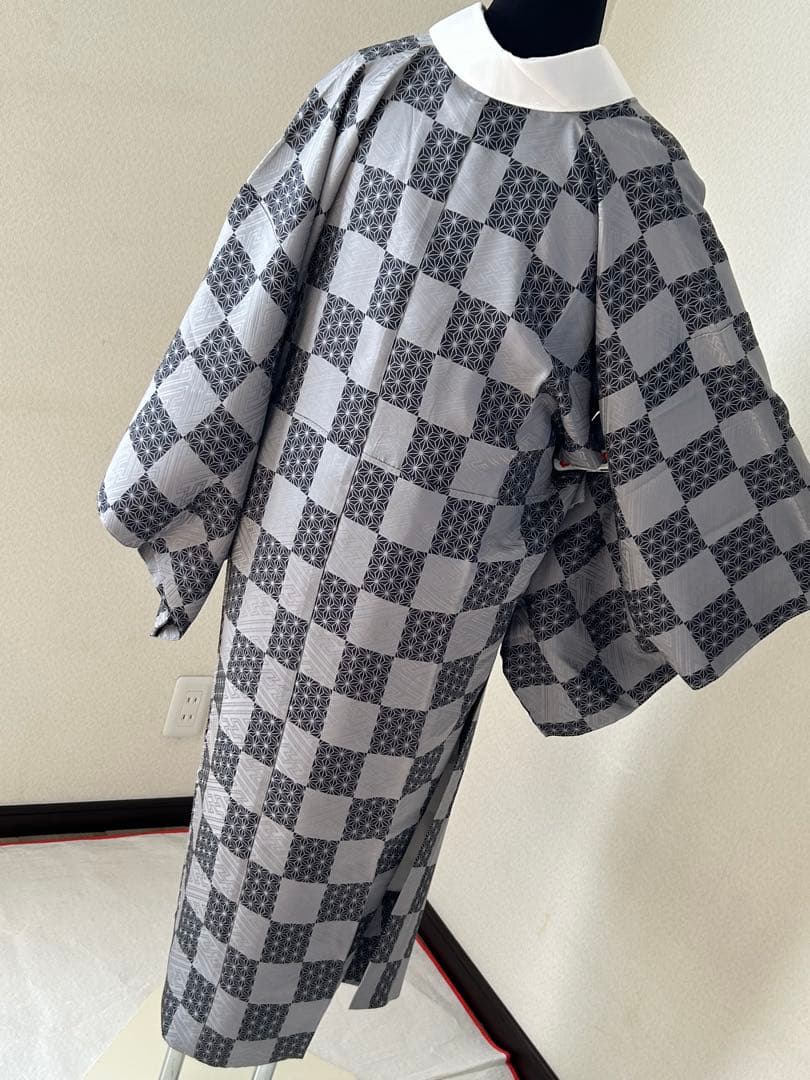 正絹　高級　長襦袢　変わり市松　麻の葉文　袷　ほぼ未使用