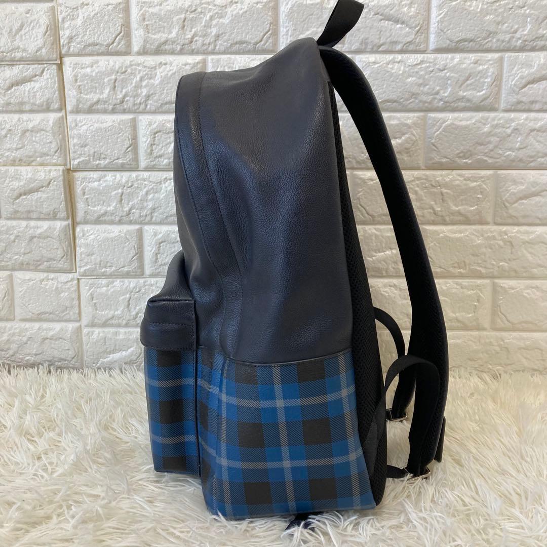 COACH✨メンズリュック　ネイビー×チェック　レザ×PVC 大容量　チャーム