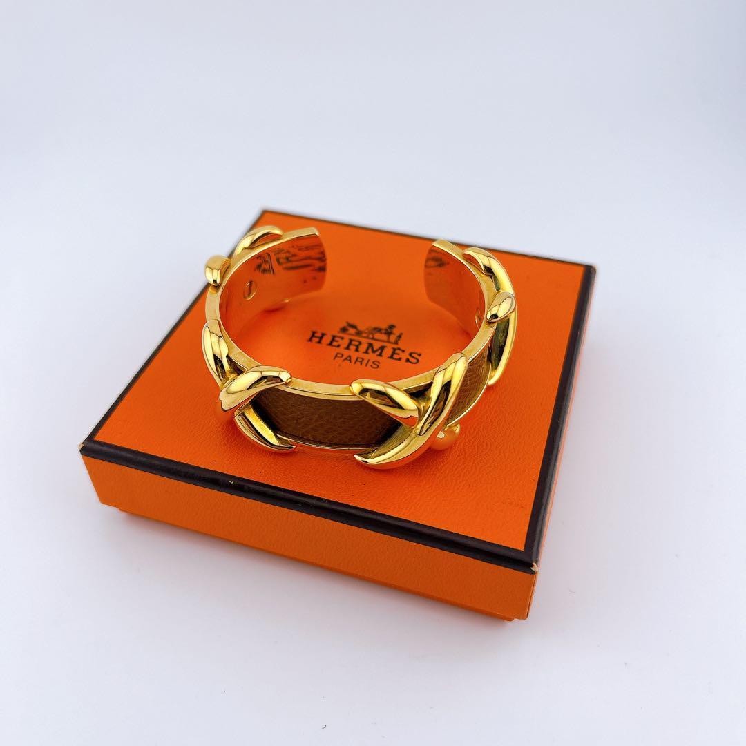 【美品】エルメス クロスモチーフ バングル ブレスレット ゴールド ブラウン