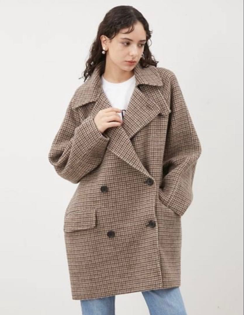 ミラオーウェン　衿ストラップハーフ丈リバーPコート　チェック柄