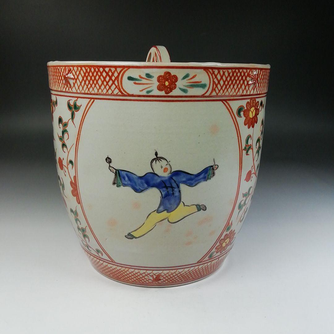 Ｔ８５６　水指　『赤絵　唐子』『塗替蓋付』『堀野証嗣 造』　共箱　茶道具