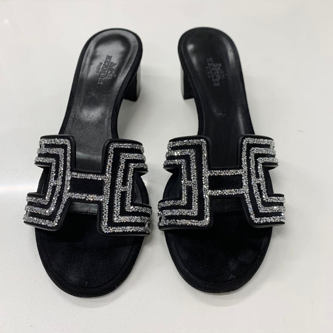 エルメス オアジス スエード フラットサンダル ラインストーン ブラック