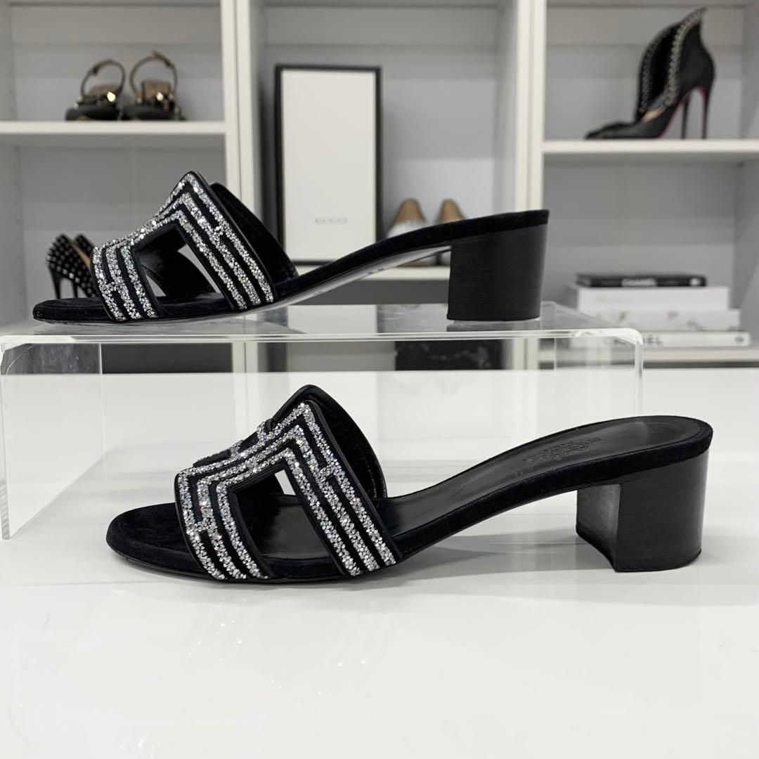 エルメス オアジス スエード フラットサンダル ラインストーン ブラック