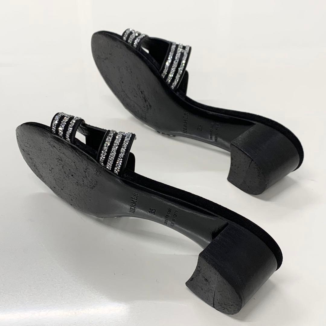 エルメス オアジス スエード フラットサンダル ラインストーン ブラック