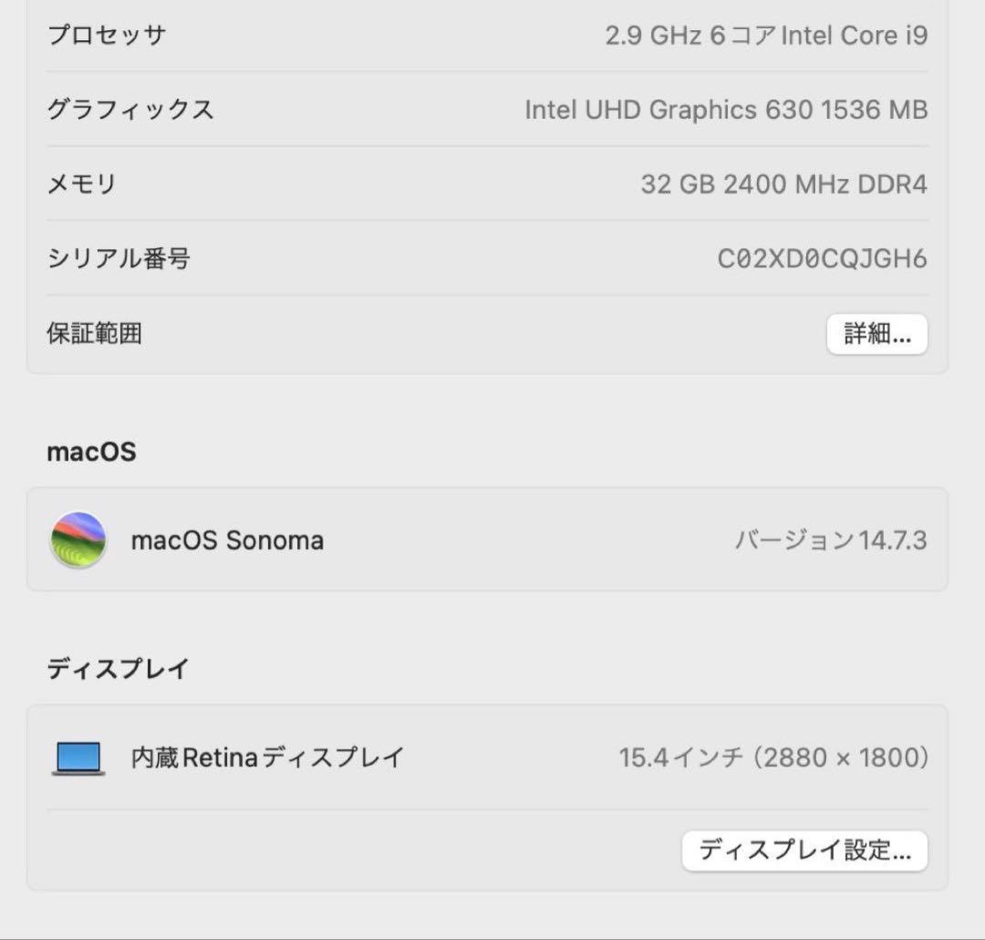 MacBook本体 MacBook Pro 15.4 Core i9 512GB 16GB