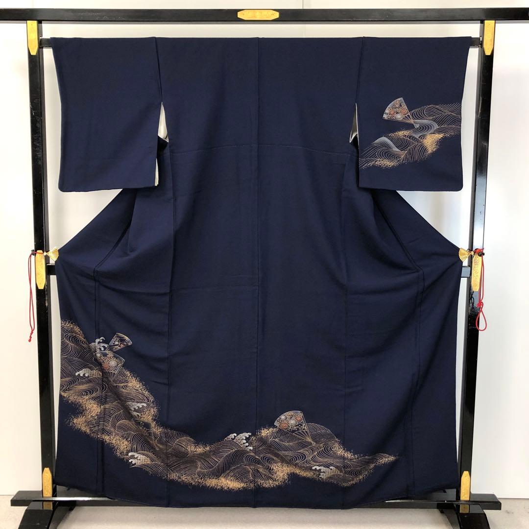 付下げ 波模様に扇子に花柄模様 金彩 KK-2138