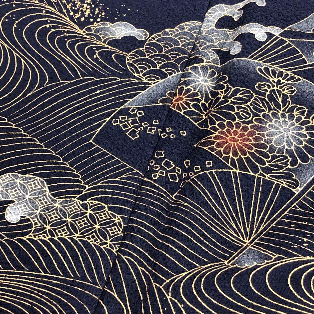 付下げ 波模様に扇子に花柄模様 金彩 KK-2138