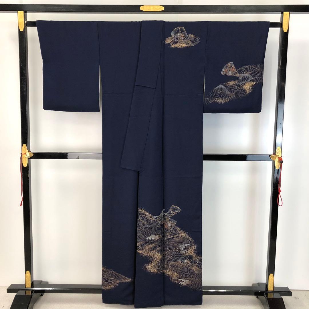 付下げ 波模様に扇子に花柄模様 金彩 KK-2138