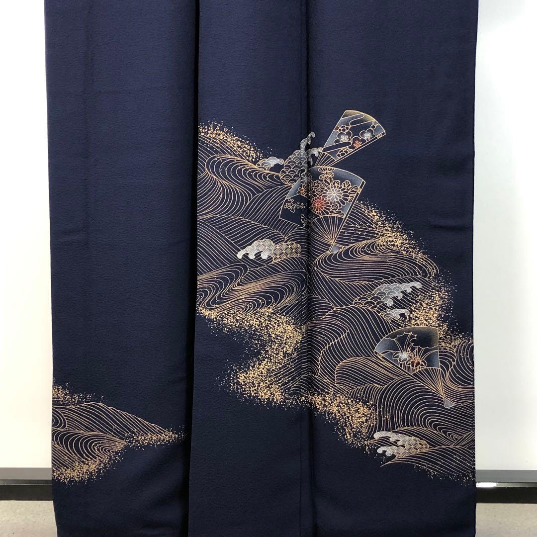 付下げ 波模様に扇子に花柄模様 金彩 KK-2138