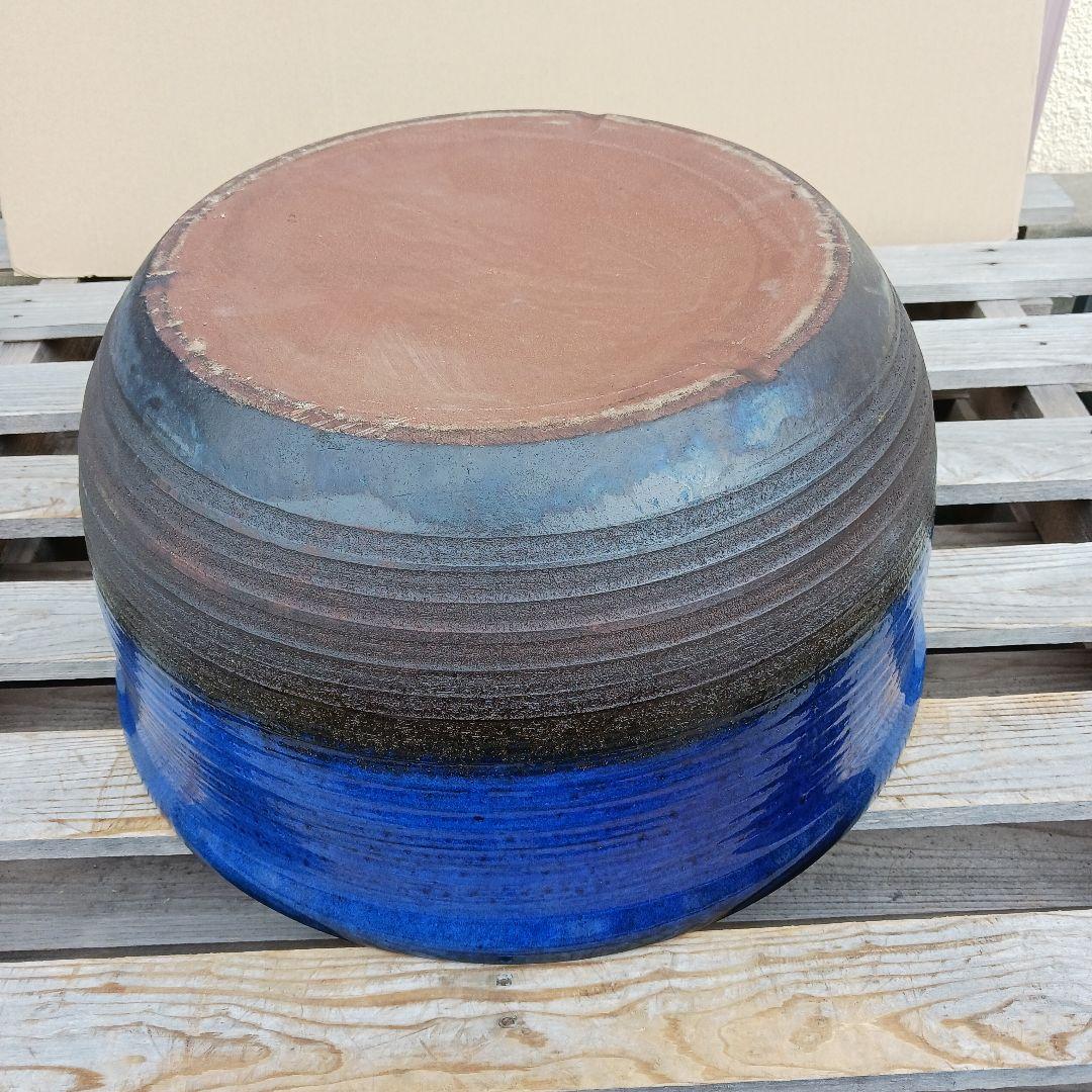 新品　∅50　特大　陶器　睡蓮鉢　手造り　メダカ鉢　難有　ラピスブルー　青LDB