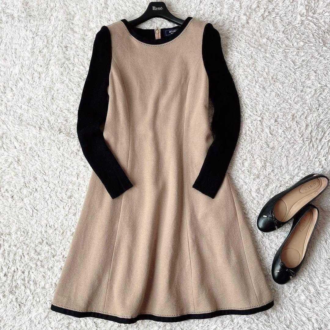 【美品】エムズグレイシー ドッキングワンピース ウール ブラック×キャメルひざ丈