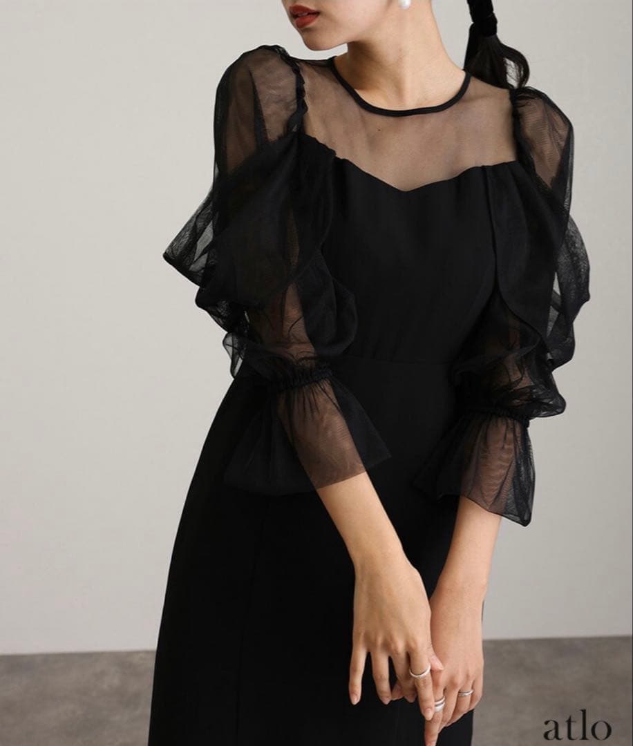 atlo エレガントチュール袖黒ドレス 新品