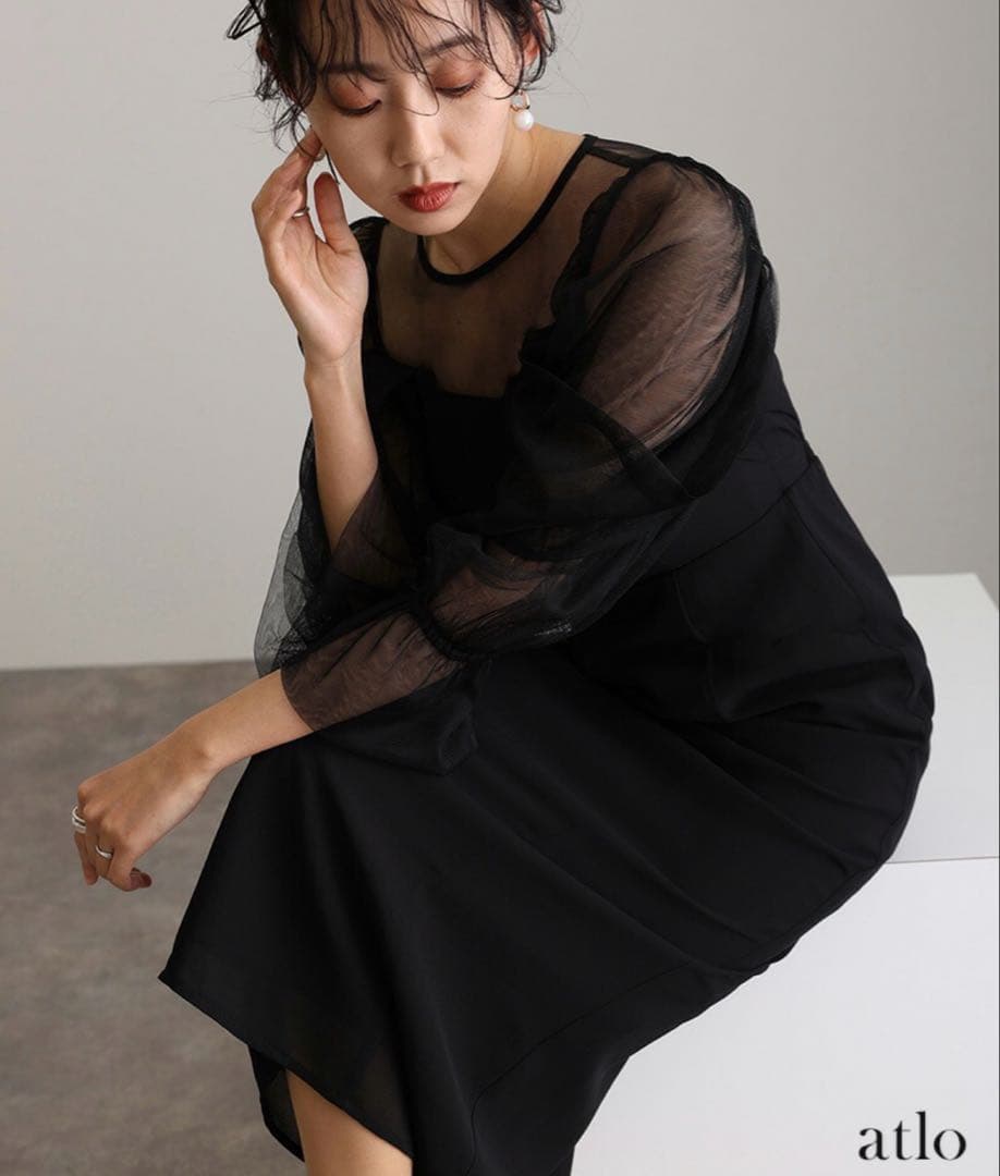 atlo エレガントチュール袖黒ドレス 新品