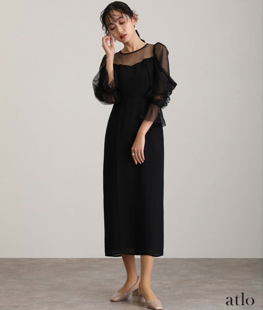 atlo エレガントチュール袖黒ドレス 新品