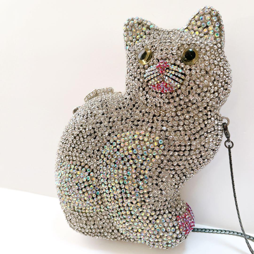 ネコ型 猫型 ダイカット ラインストーン バッグ 鞄 キラキラ パーティー 豪華