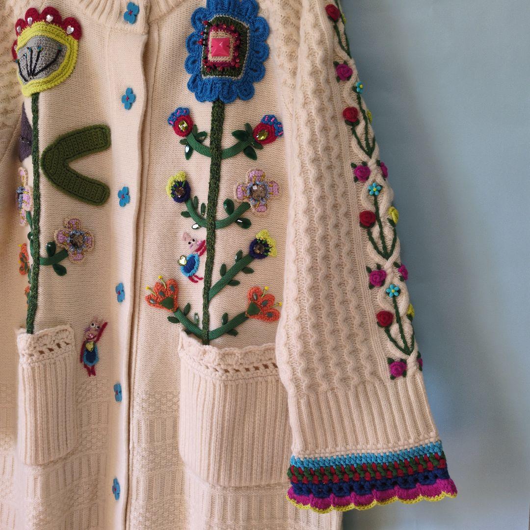 専用です。 アルベロベロ♥️ぶたさん花ビジュ刺繍 ウールロングカーディガン
