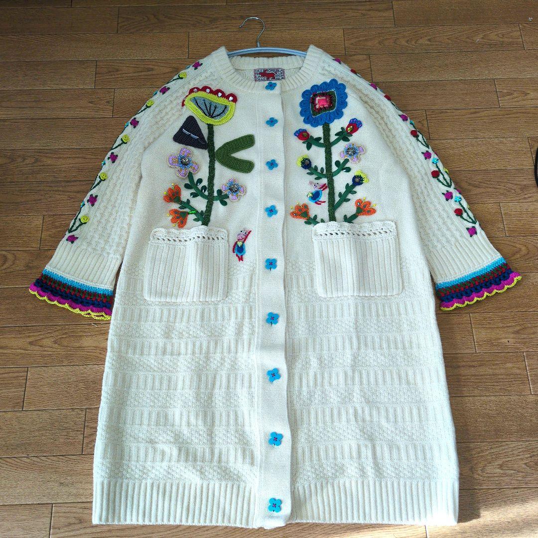 専用です。 アルベロベロ♥️ぶたさん花ビジュ刺繍 ウールロングカーディガン