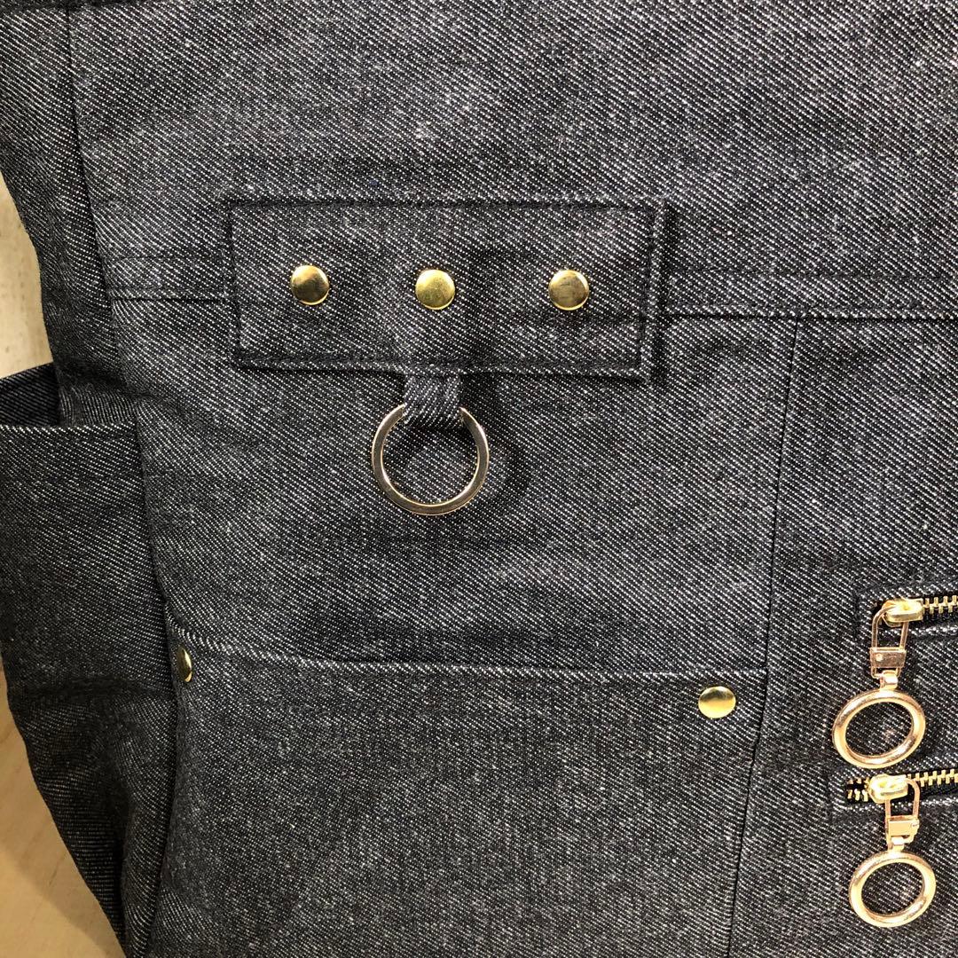 ダル　デニムトートバッグ　ブラック　ゴールド　A4サイズ　両開きファスナー