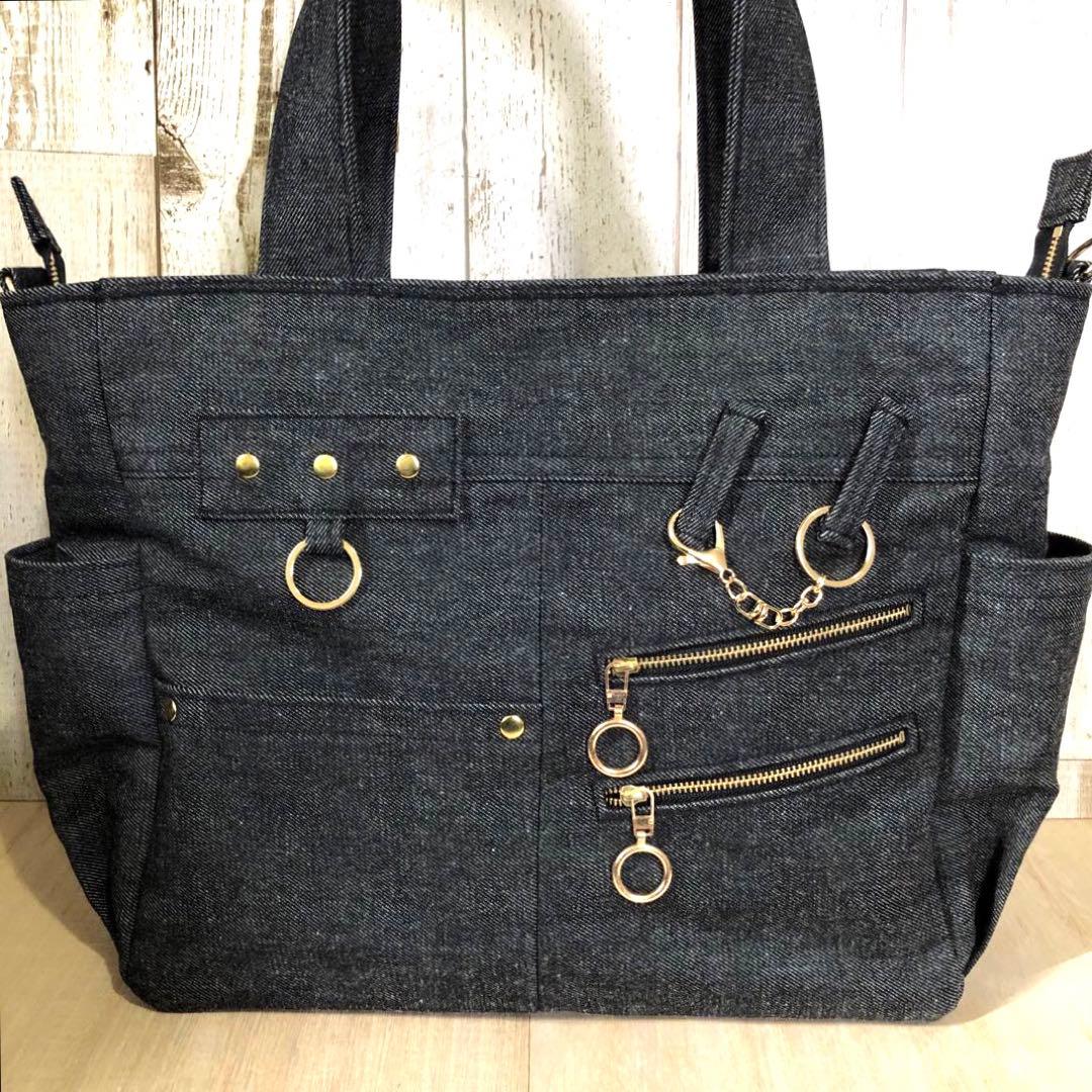 ダル　デニムトートバッグ　ブラック　ゴールド　A4サイズ　両開きファスナー