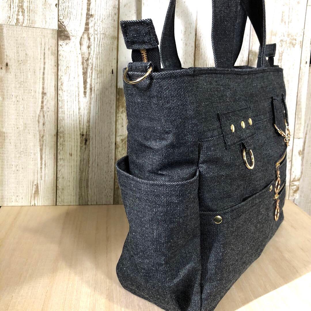 ダル　デニムトートバッグ　ブラック　ゴールド　A4サイズ　両開きファスナー