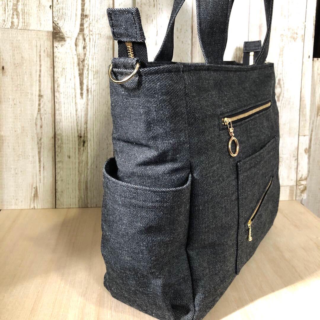 ダル　デニムトートバッグ　ブラック　ゴールド　A4サイズ　両開きファスナー