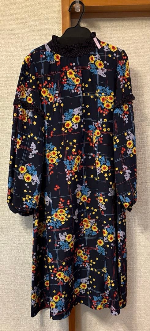 ミュベールワーク フラワープリント ドット フリル ロングワンピース　38