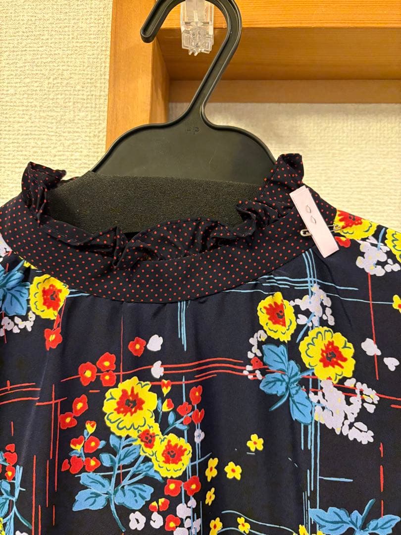 ミュベールワーク フラワープリント ドット フリル ロングワンピース　38