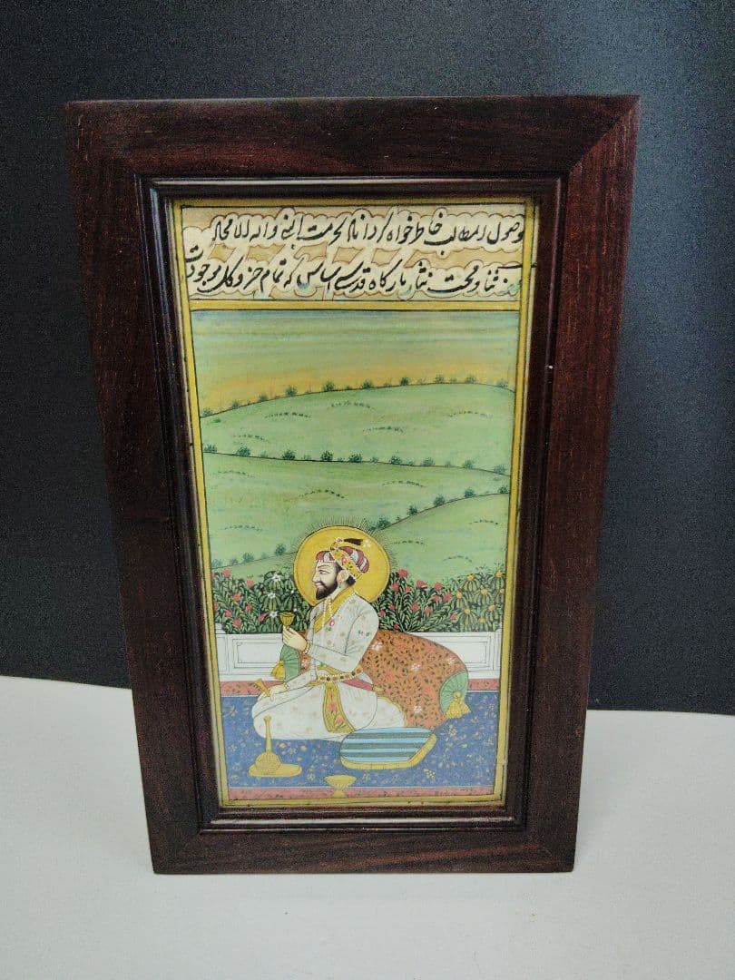 インド細密画 手描き 王侯像 紫檀系ローズウッド 無垢材 文庫箱　ムスリム美術