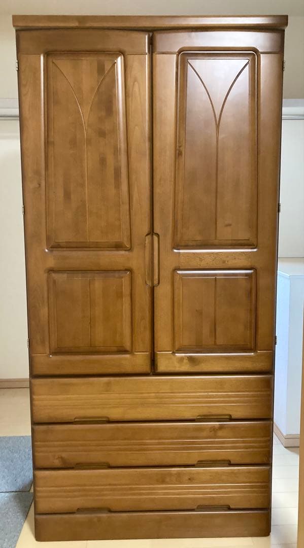 木製ブラウン洋服タンスワードローブハンガーラックチェスト引き出し3個