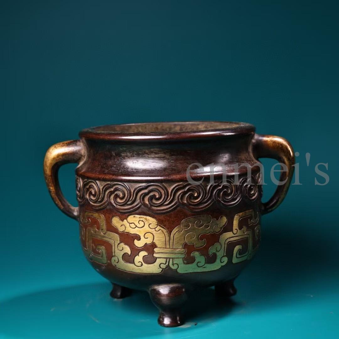 中国古美術・旧蔵純紫銅製・高浮彫鎏金香炉・純手作り・三本脚・置物・仏具・文房具