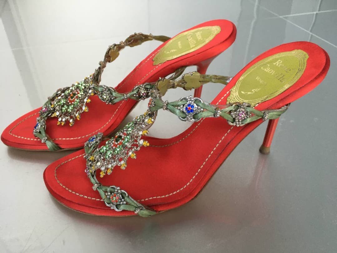 返品可　美品 レネカオビラ ドレスシューズ サンダル ミュール ハイヒール 赤