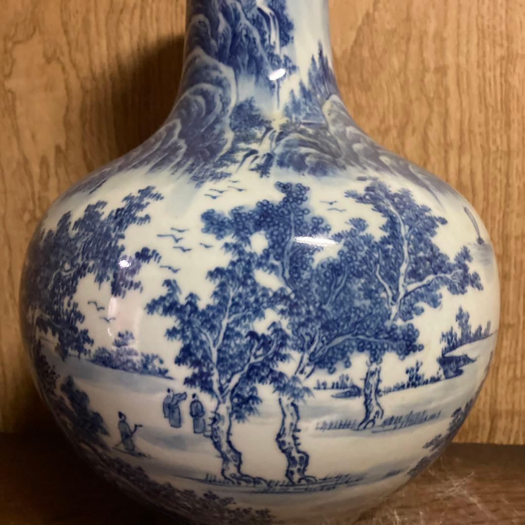 中国　染付　瓶　天球瓶　山水図　大清乾隆年製銘