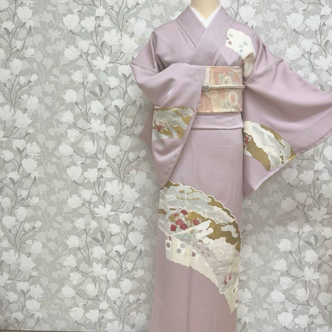 正絹 訪問着 扇面重文(未使用品)袋帯セット【裄69cm】