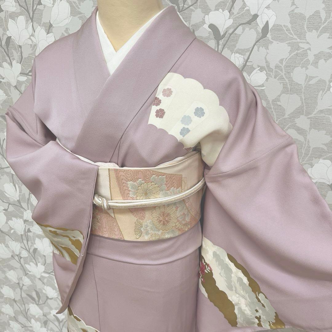 正絹 訪問着 扇面重文(未使用品)袋帯セット【裄69cm】