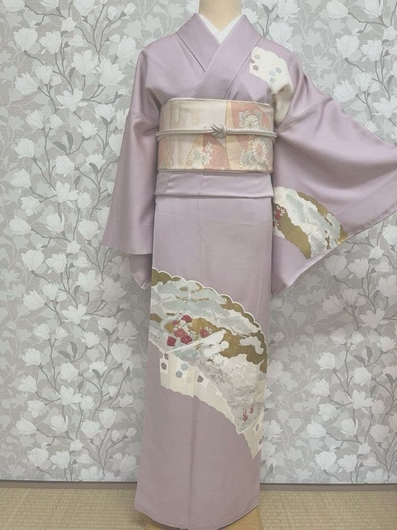 正絹 訪問着 扇面重文(未使用品)袋帯セット【裄69cm】