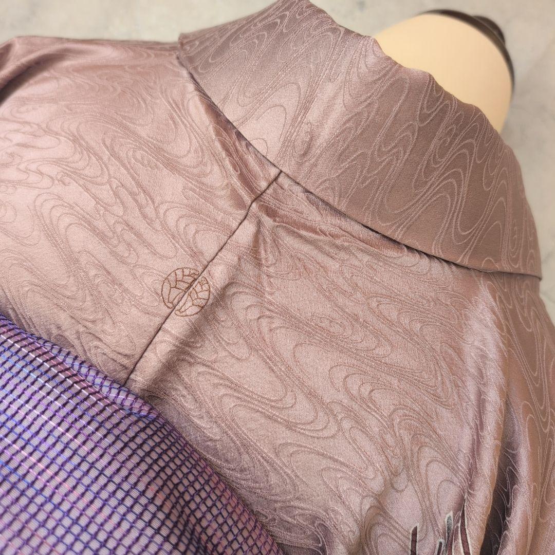 訪問着　フルセット　付け下げ　着物　正絹　紫　地紋豪華　波　帯草木染羅峰錦　B2