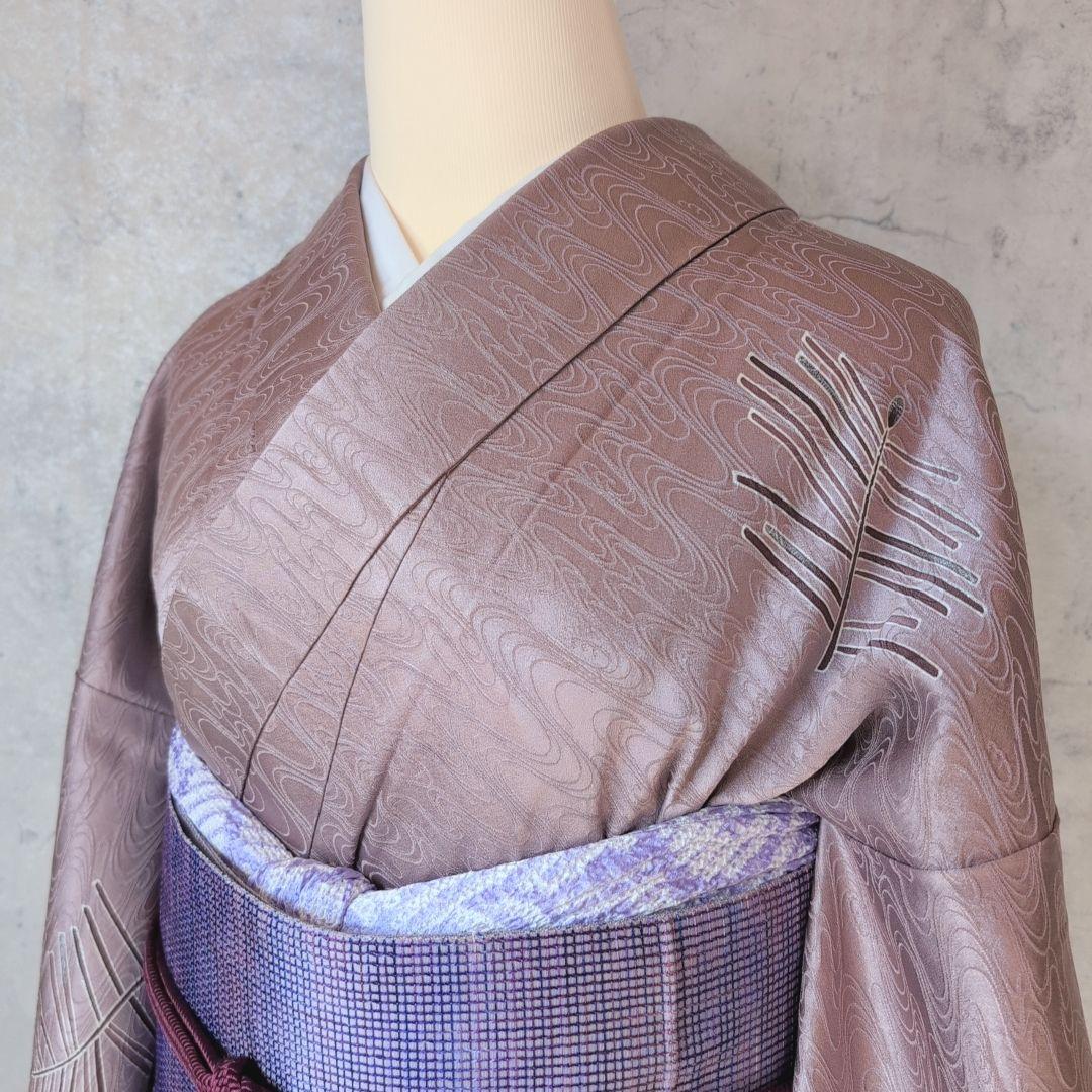 訪問着　フルセット　付け下げ　着物　正絹　紫　地紋豪華　波　帯草木染羅峰錦　B2