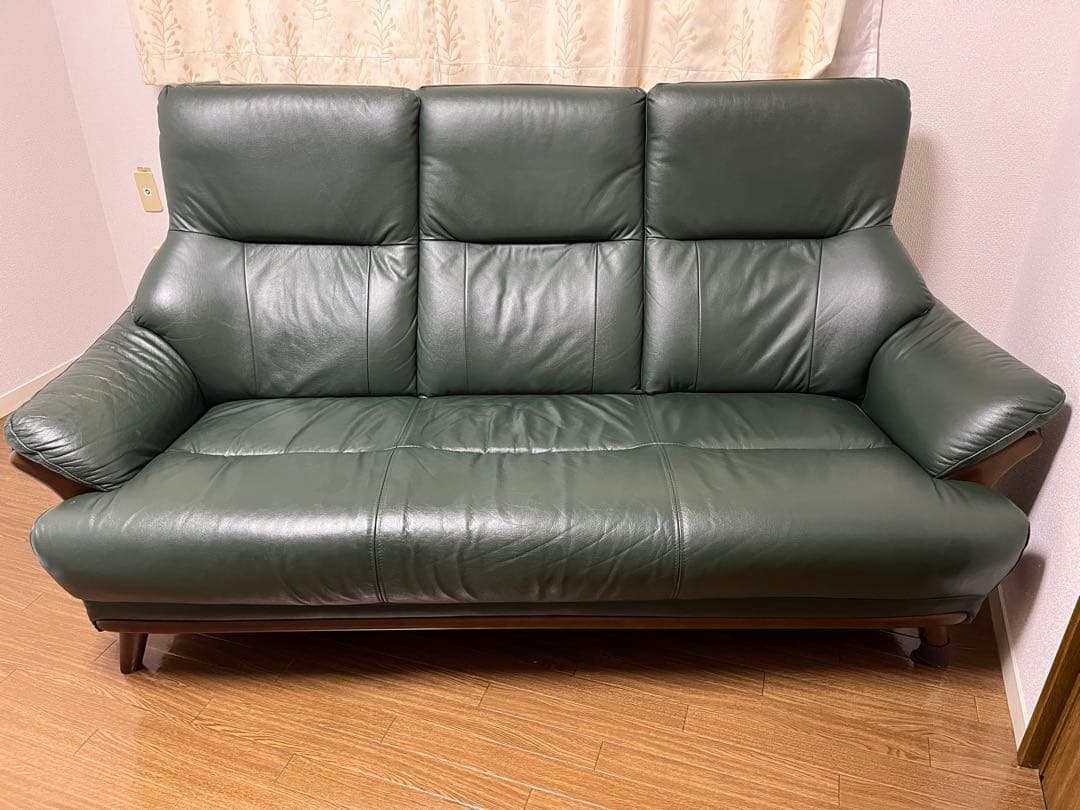 【ミック】 ダークグリーン レザーソファ 3人掛け 173cm