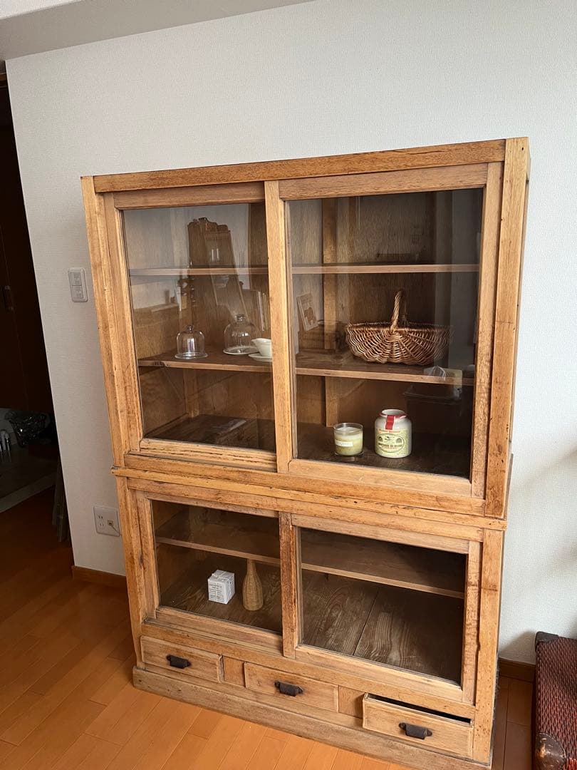 古家具 水屋箪笥 キャビネット 食器棚 本棚 ガラス 古道具 アンティーク