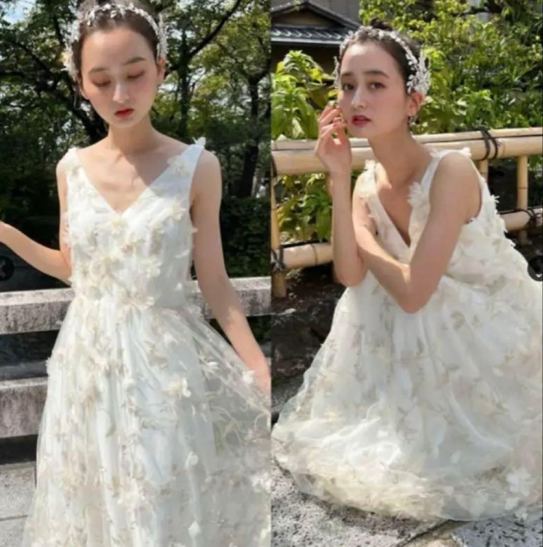 ドレスプロダクション フラワーレースVネックノースリーブドレス(W262BE)