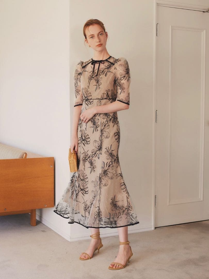 花柄リボンパフスリーブマーメイドワンピースドレス結婚式二次会成人式パーティー