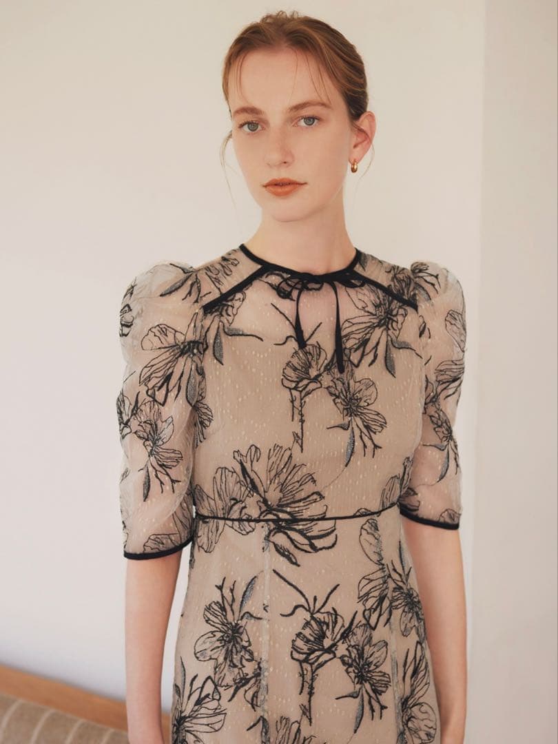 花柄リボンパフスリーブマーメイドワンピースドレス結婚式二次会成人式パーティー